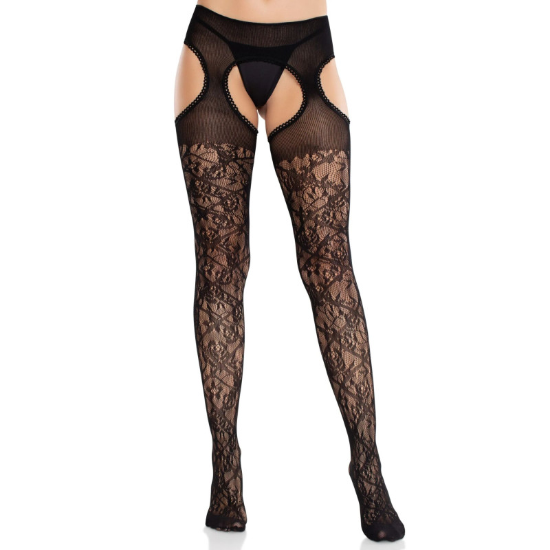 Колготки Leg Avenue Cross Hatch Floral Lace Suspender Hose One Size