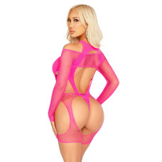 Комплект Leg Avenue Fishnet Garter Harness and Teddy One Size Neon Pink