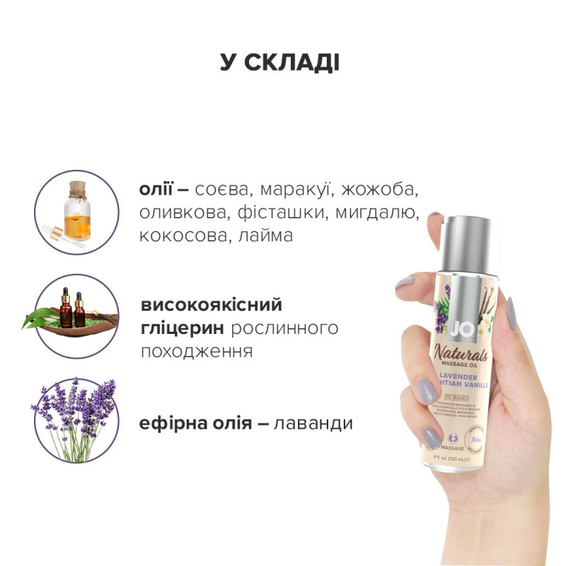 Масажна олія JO Naturals Massage Oil Lavender&Vanilla з натуральними ефірними оліями (120 мл) Масажна олія JO Naturals Massage Oil Lavender&Vanilla з натуральними ефірними оліями (120 мл)