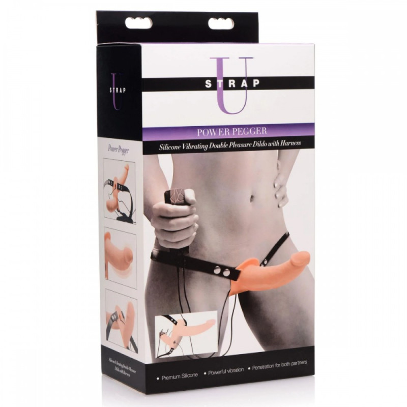 Двойной страпон с вибро Strap U Power Pegger бежевый Двойной страпон с вибро Strap U Power Pegger бежевый