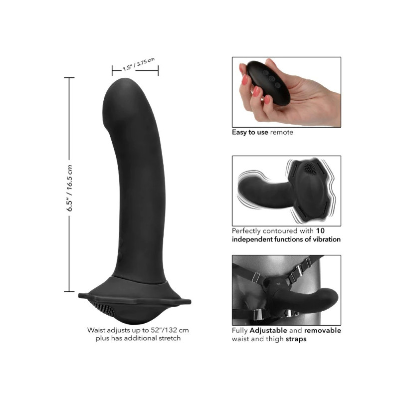 Страпон с вибрацией на ремнях California Exotic с пультом управления, черный, 16.5 см x 3.75 см. Страпон с вибрацией на ремнях California Exotic с пультом управления, черный, 16.5 см x 3.75 см.