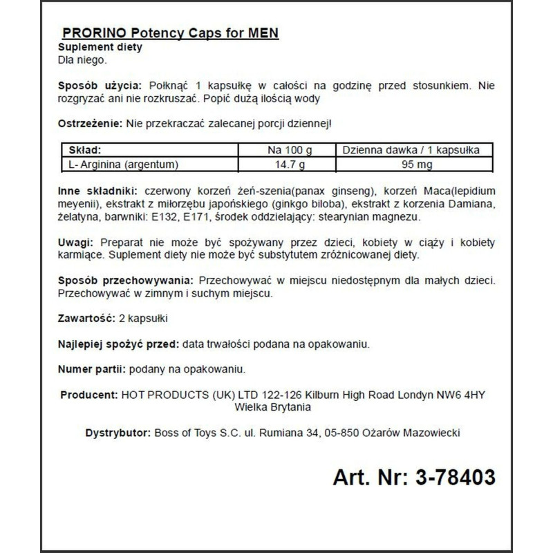 Капсули для потенції Hot PRORINO Potency Caps for men 2 шт
