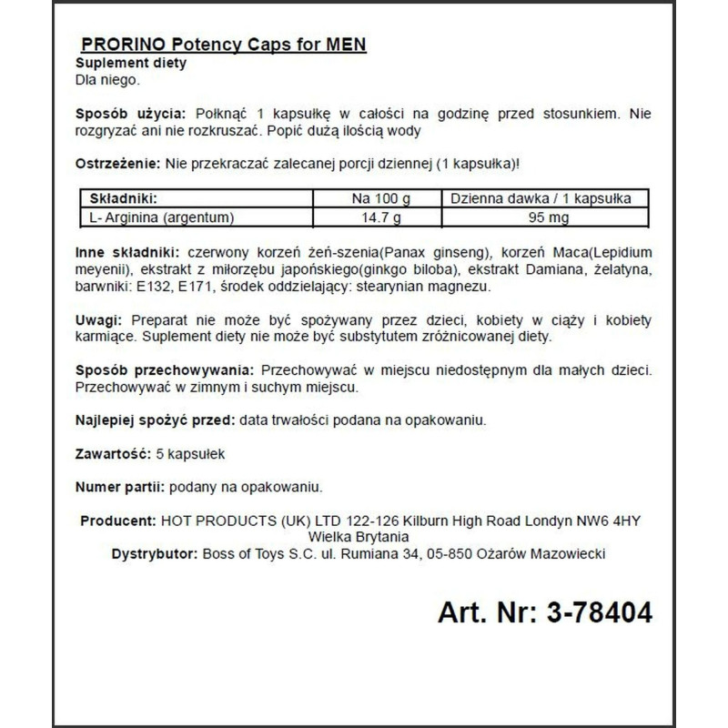 Пищевая добавка для мужчин Hot ERO PRORINO black line Potency 5 капсул