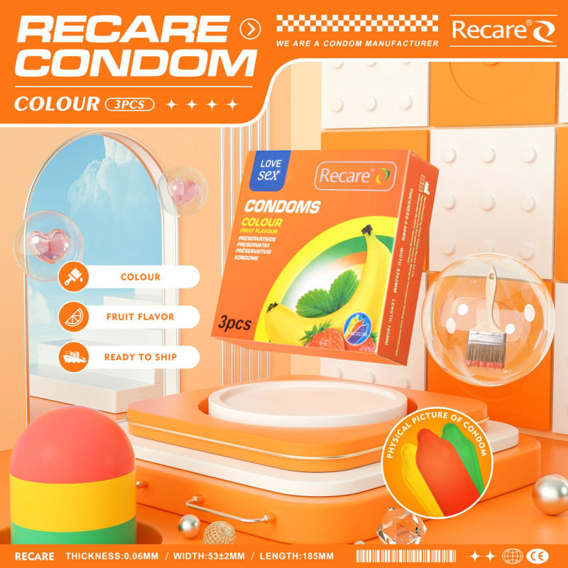 Recare Color Fruit Flavour Condoms 3 шт, аромати: м'ята, банан, полуниця