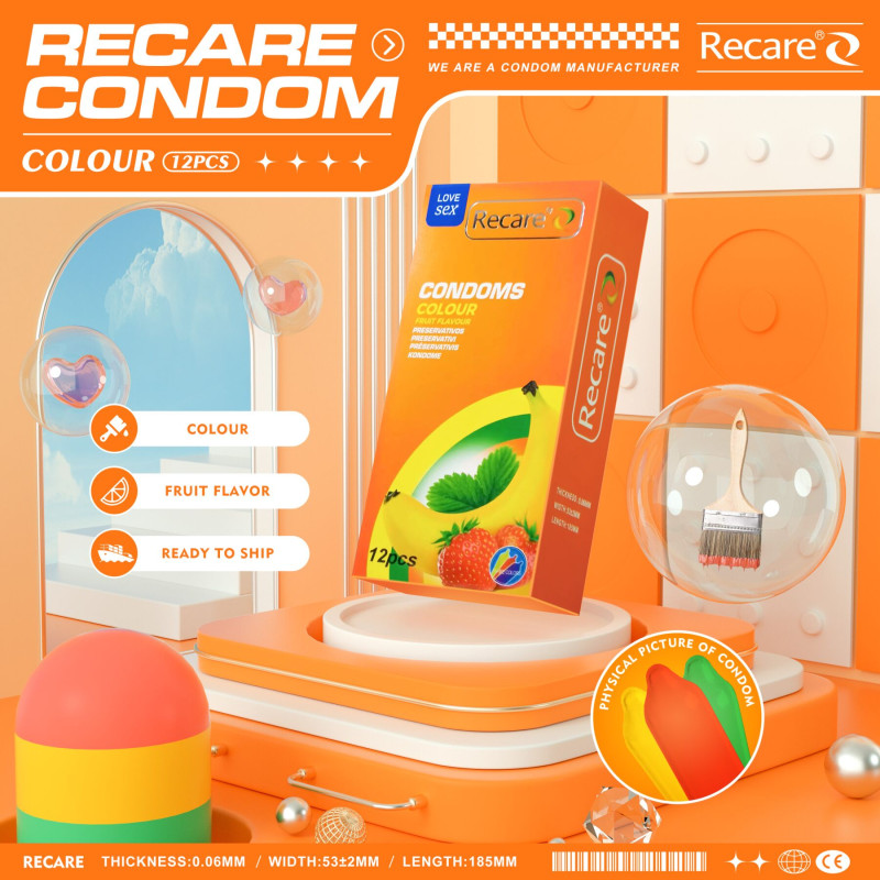 Recare Color Fruit Flavour Condoms 12 шт, аромати: м'ята, банан, полуниця