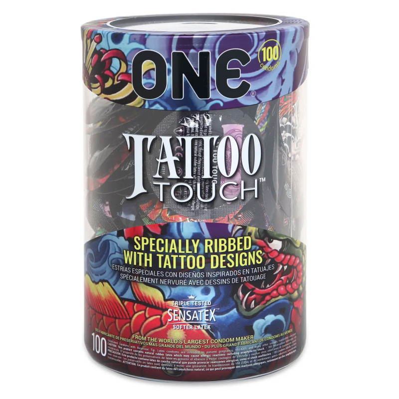 Набор ONE Tattoo Touch, 100 шт, с рельефом в виде тату, 3 разновидности, упаковка-тубус Набор ONE Tattoo Touch, 100 шт, с рельефом в виде тату, 3 разновидности, упаковка-тубус