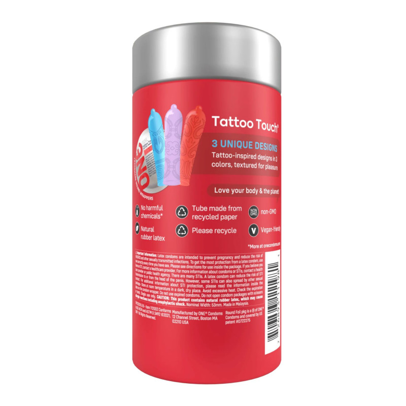 ONE Tattoo Touch, 12 шт, рельеф в виде тату, 3 разновидности, подарочная упаковка-тубус