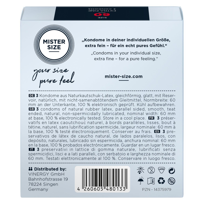 Mister Size – pure feel – 60 (3 condoms), толщина 0,05 мм